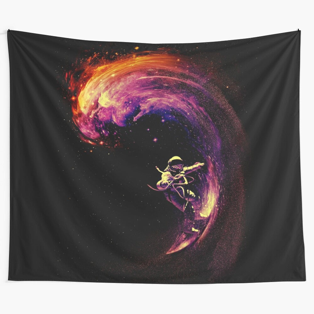 Cosmic space surfing tapestry with astronaut, galaxy, and stars