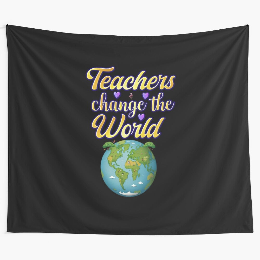 Tapestry with flowers growing from a book and the text "Teachers change the world"