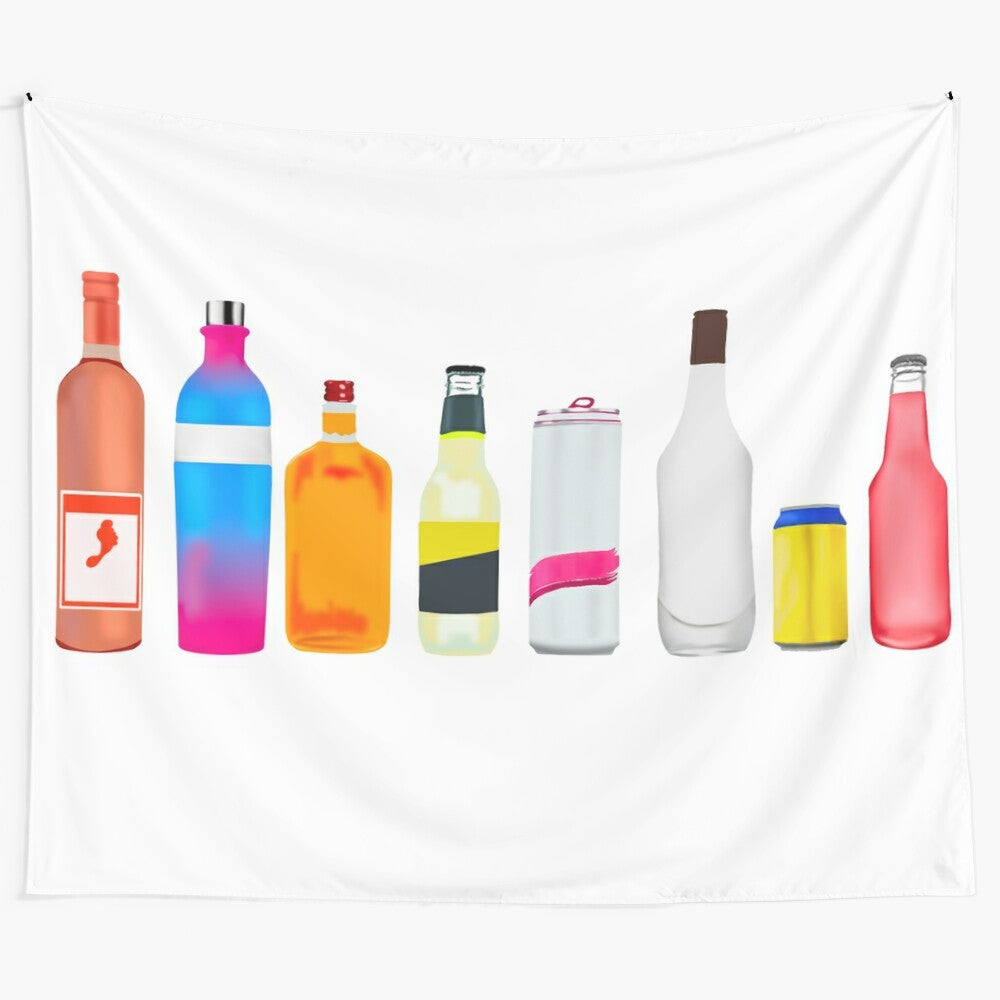 Colorful tapestry featuring various alcohol bottles and drinks