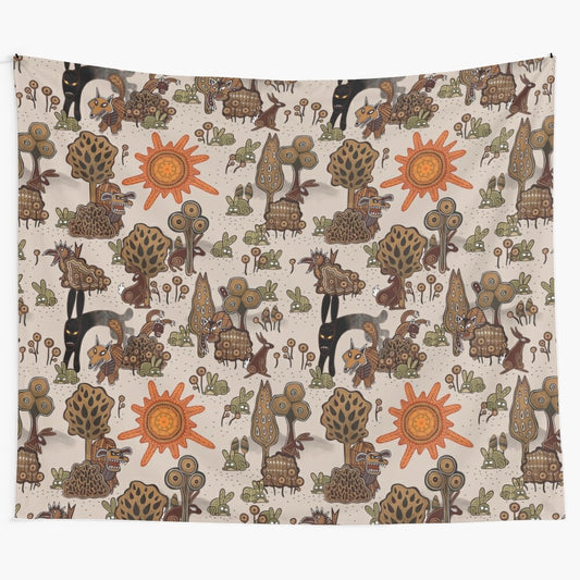 Watership Down inspired tapestry with a pattern of rabbits and fantasy elements