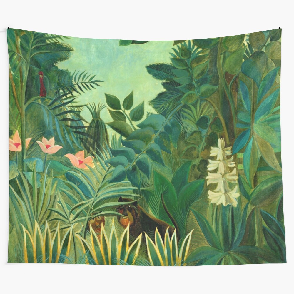 Vibrant jungle landscape tapestry inspired by Henri Rousseau's "The Equatorial Jungle"