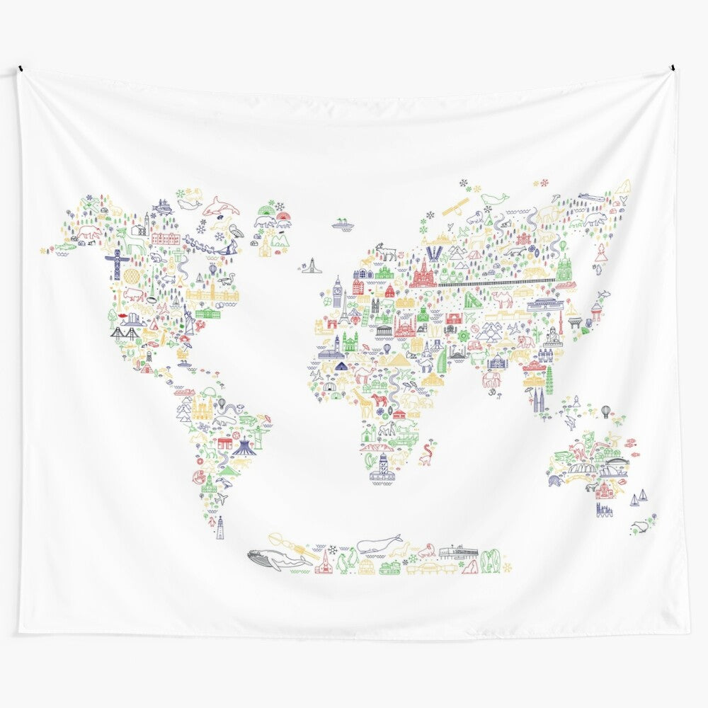 World travel icons map tapestry with animals and sightseeing attractions