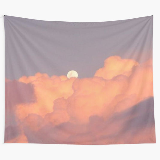 Dreamy sky tapestry featuring a sunset, moon, and stars