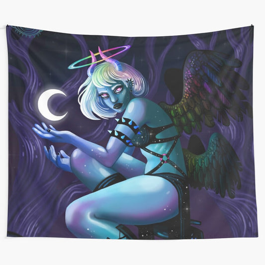 Enchanting celestial angel tapestry with colorful, gothic, and dark fantasy design