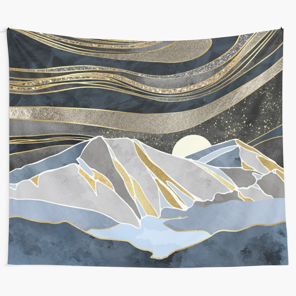 Metallic sky tapestry featuring a contemporary abstract art design with celestial elements like stars, moon, and mountains