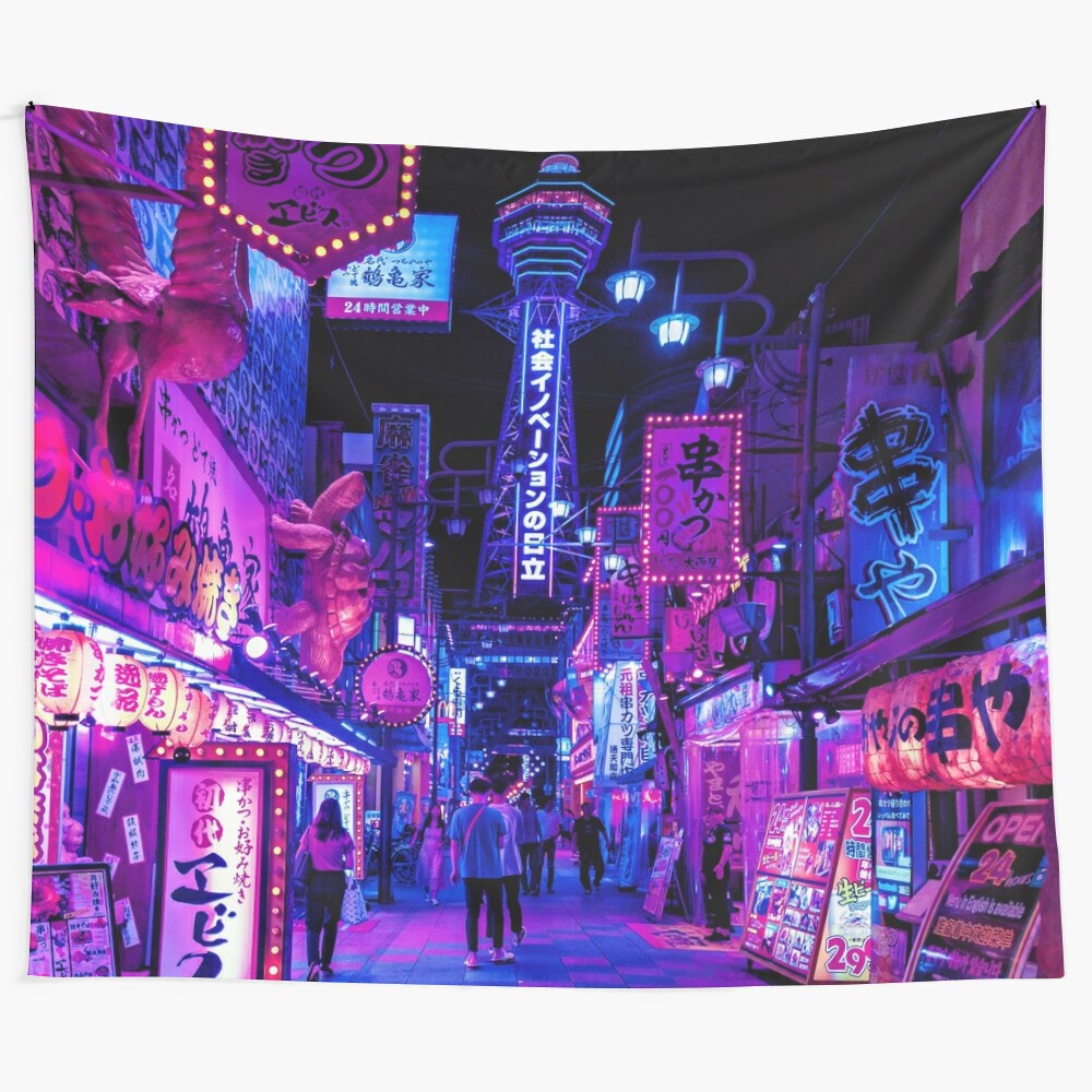 Osaka City Anime Scenes Tapestry with Cyberpunk Neon Lights and Futuristic Cityscape