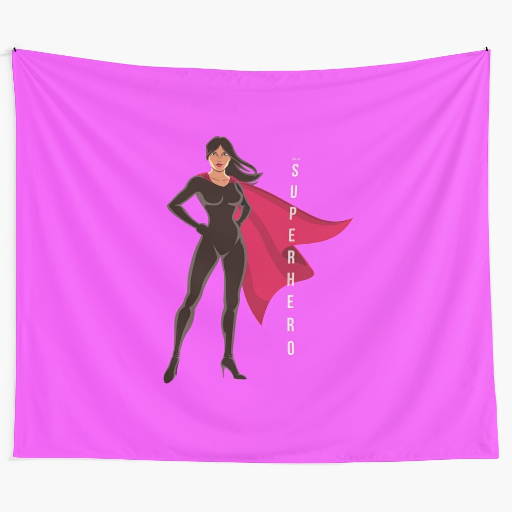 Superhero-inspired tapestry with bold graphics and vibrant colors