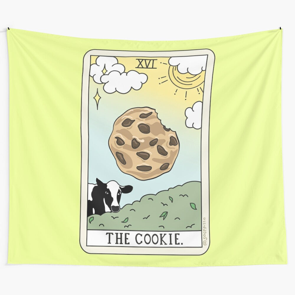 Colorful tapestry depicting a cow reading cookies for divination and food-themed art