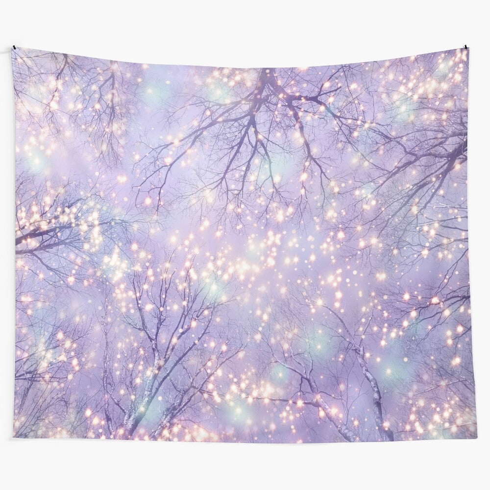 Captivating abstract tapestry featuring a night sky filled with glowing stars and silhouetted trees