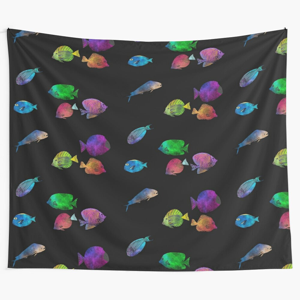 Colorful tapestry featuring a galaxy-inspired underwater scene with tropical fish