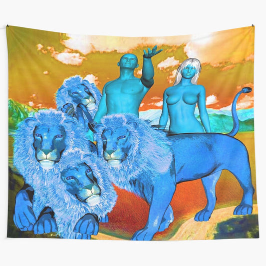 Vibrant abstract nature tapestry with lion and fantasy elements