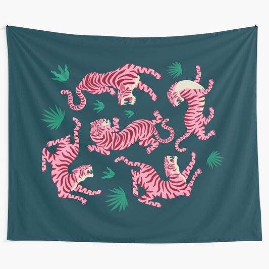 Vibrant pink tiger tapestry with abstract jungle and forest background