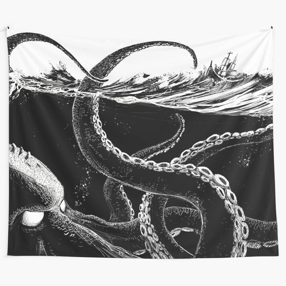 Dramatic black and white tapestry depicting a powerful kraken or giant squid emerging from the stormy sea