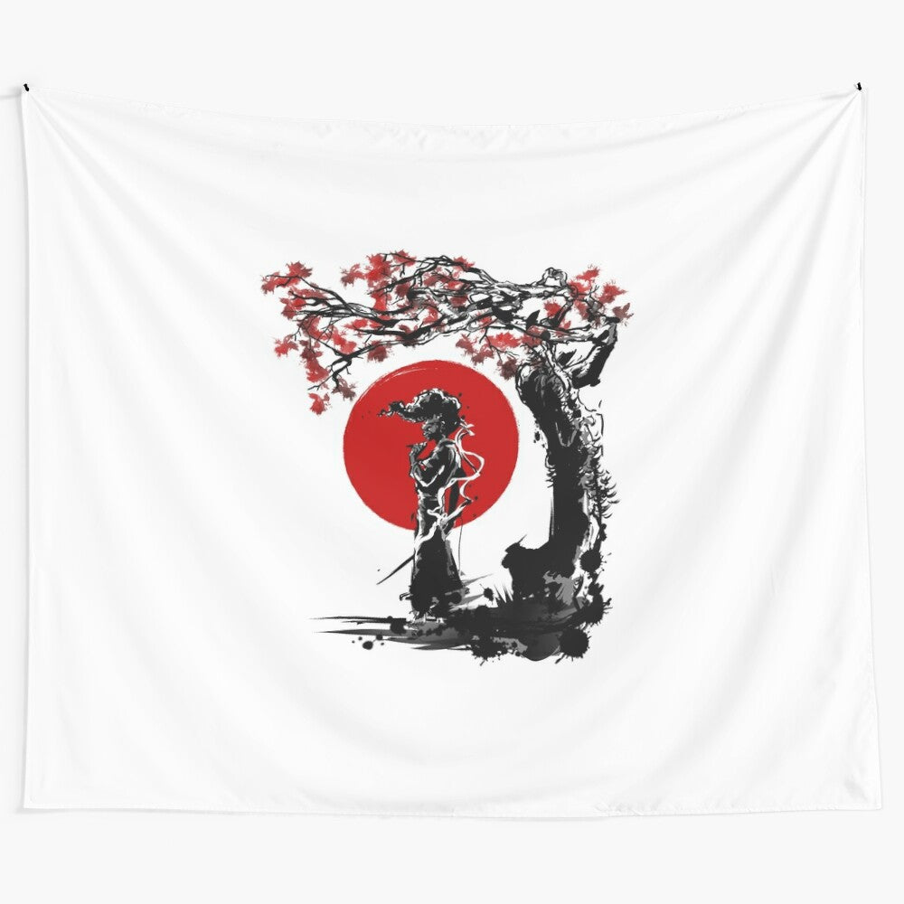 Afro samurai warrior tapestry featuring a vibrant sun and cherry blossoms