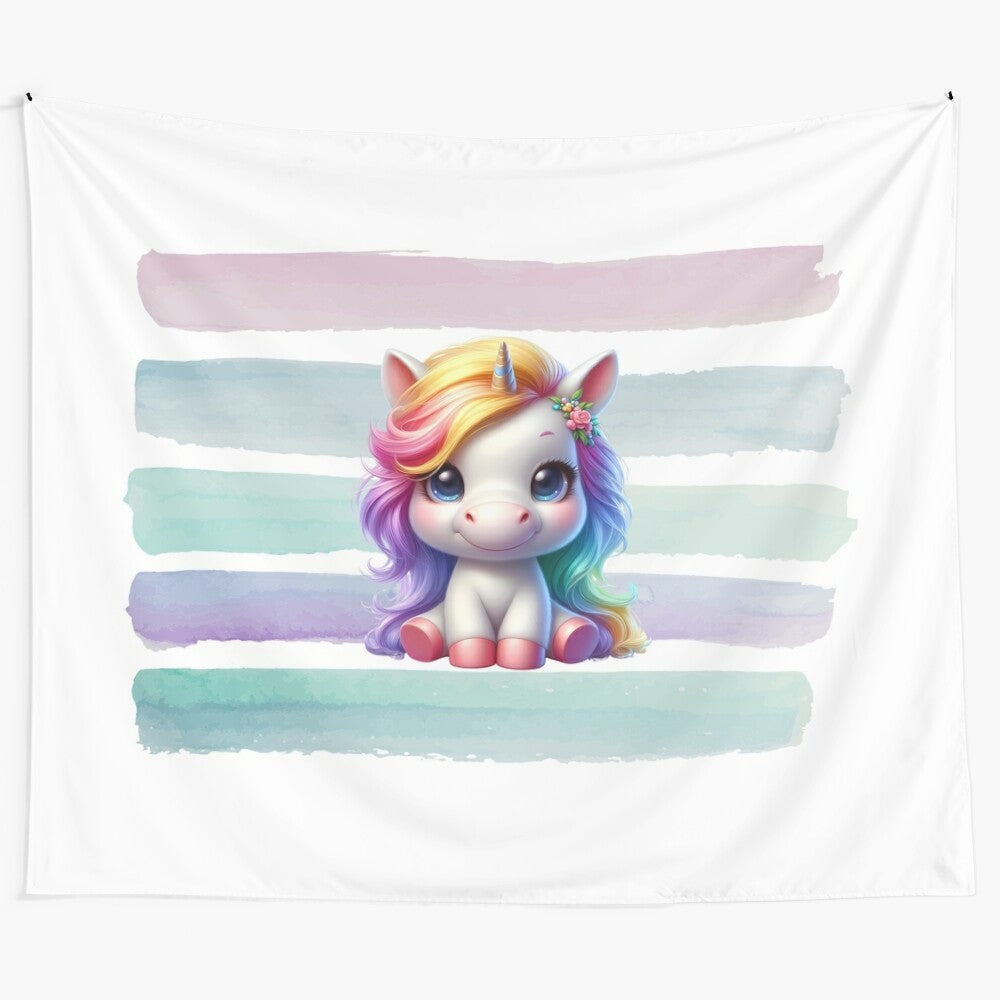 Vibrant unicorn-themed tapestry with a spectrum of colors and a message of love