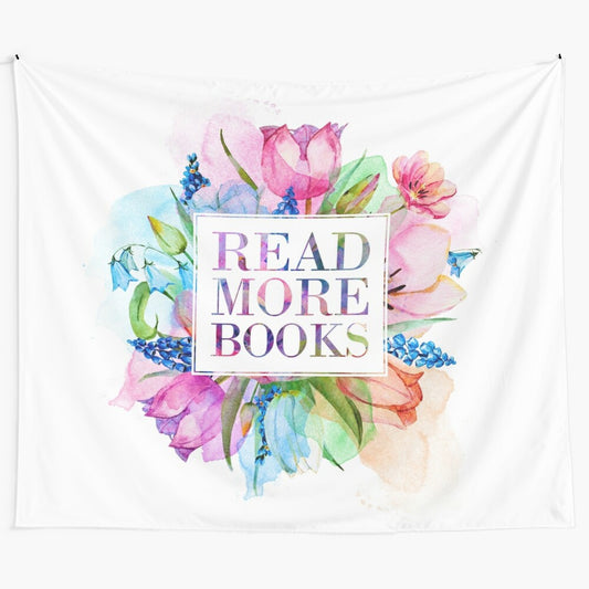 Pastel tapestry featuring bookish designs and floral accents