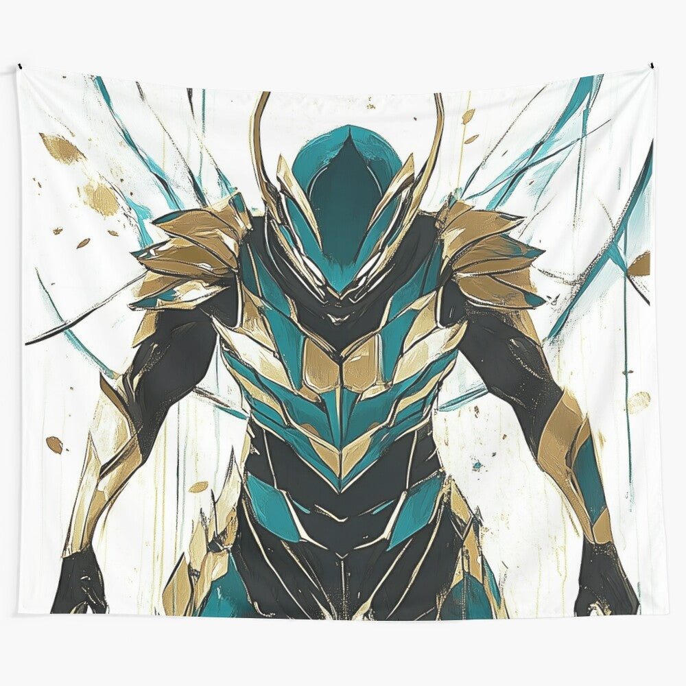 Teal and gold armored superhero with antlers and wings, dynamic comic-style character design