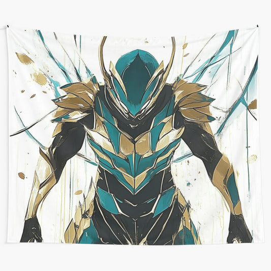 Teal and gold armored superhero with antlers and wings, dynamic comic-style character design