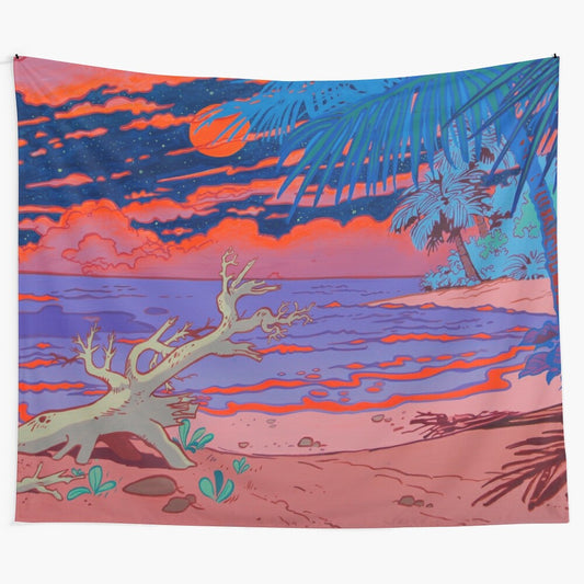 Vibrant ocean-themed tapestry with pop art elements and neon colors