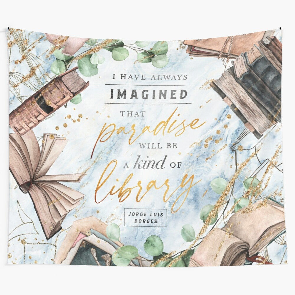 Tapestry with a paradise library-inspired design featuring books, marble, and vintage elements