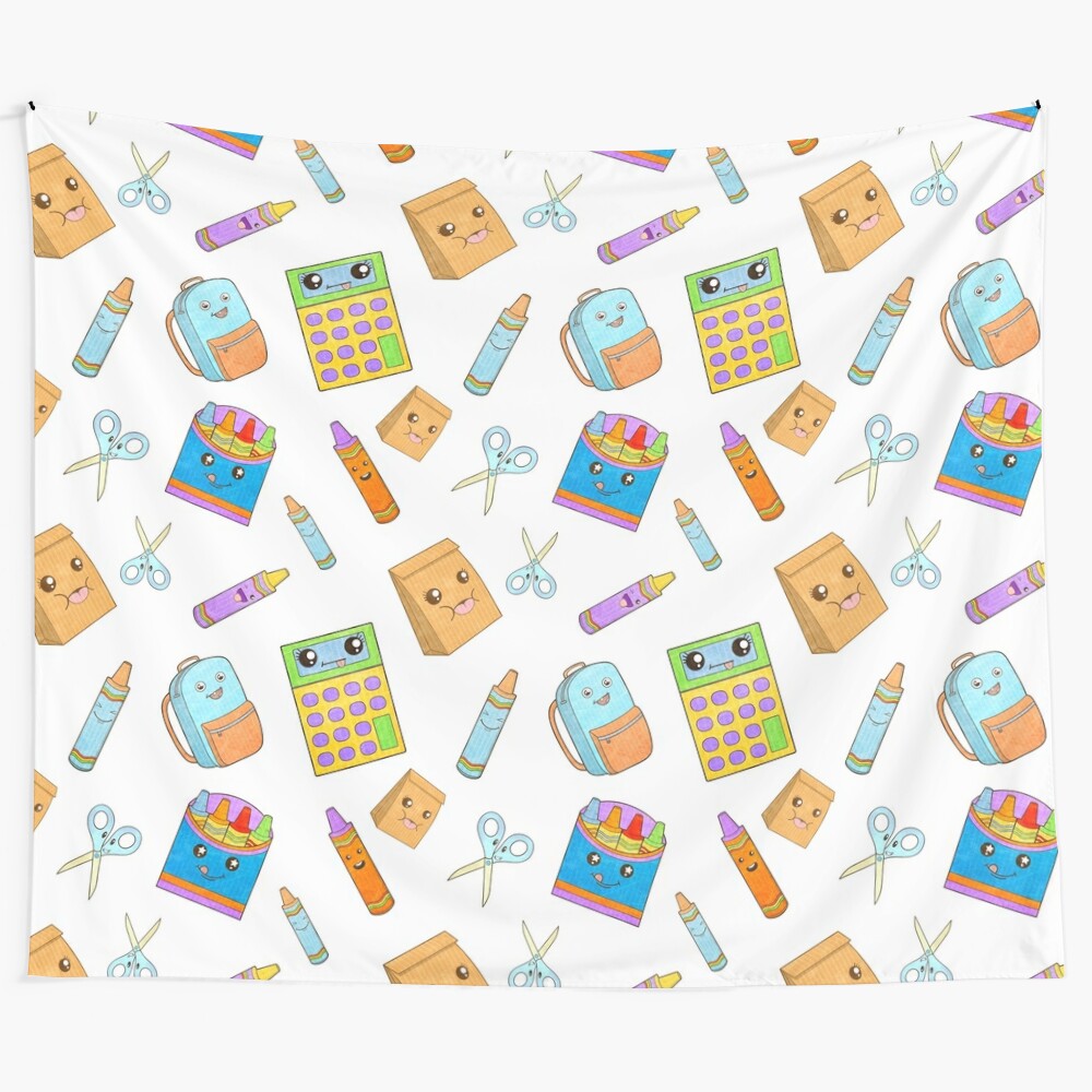 Colorful educational pattern tapestry featuring math, school supplies, and personified characters