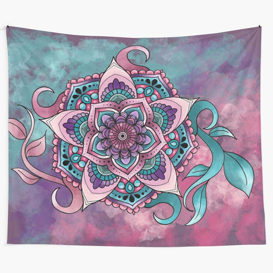 Watercolor mandala tapestry with vibrant floral and abstract designs