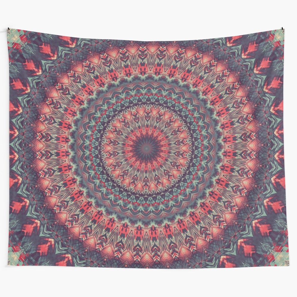 Vibrant mandala tapestry featuring sacred geometry and flower of life design