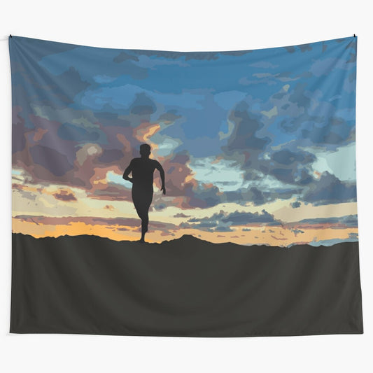 Tapestry depicting a runner silhouetted against a vibrant sunset sky