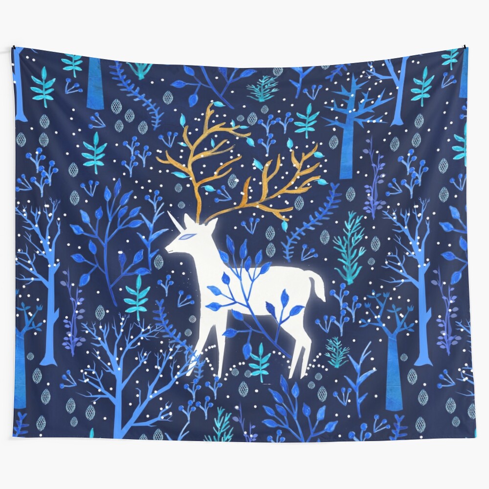 Deericorn in a blue watercolor style tapestry with fantasy, woodland elements