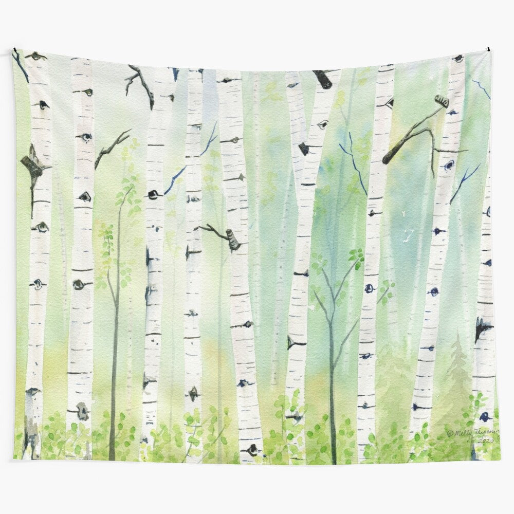 Birch trees tapestry with watercolor landscape artwork