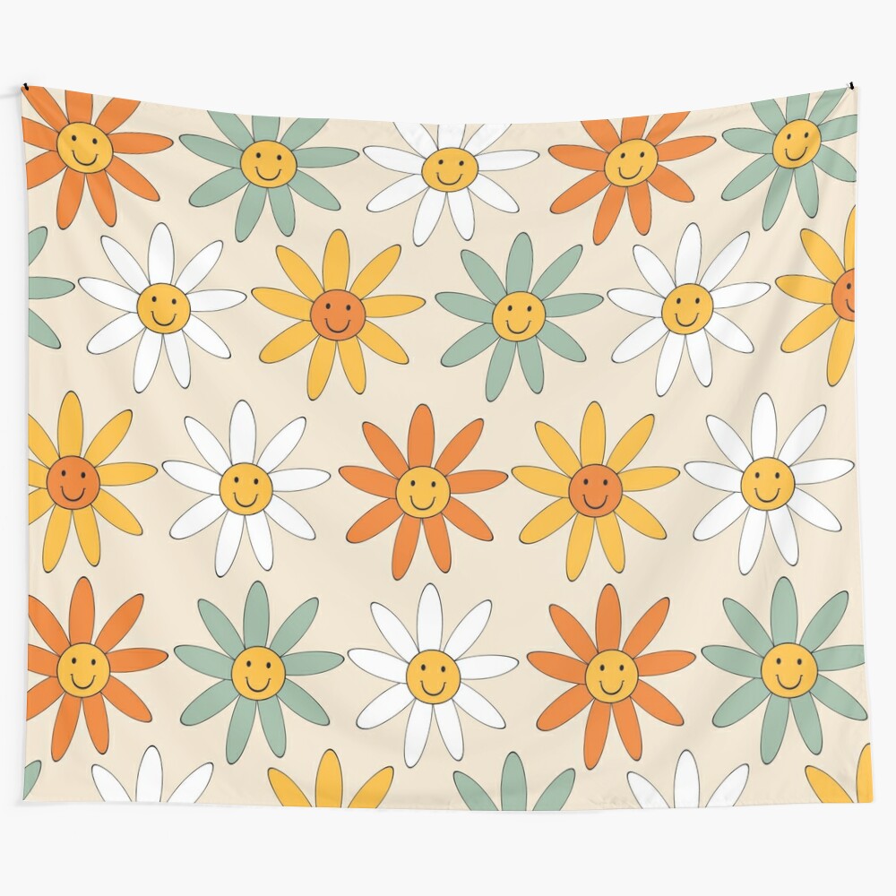 Retro flower power daisy tapestry with 1960s 1970s vintage aesthetic