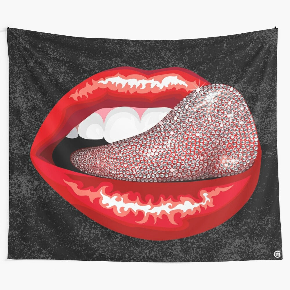 Vibrant and sparkly digital art tapestry featuring a close-up of a tongue with lips, gems, and a delicious, shiny appearance.