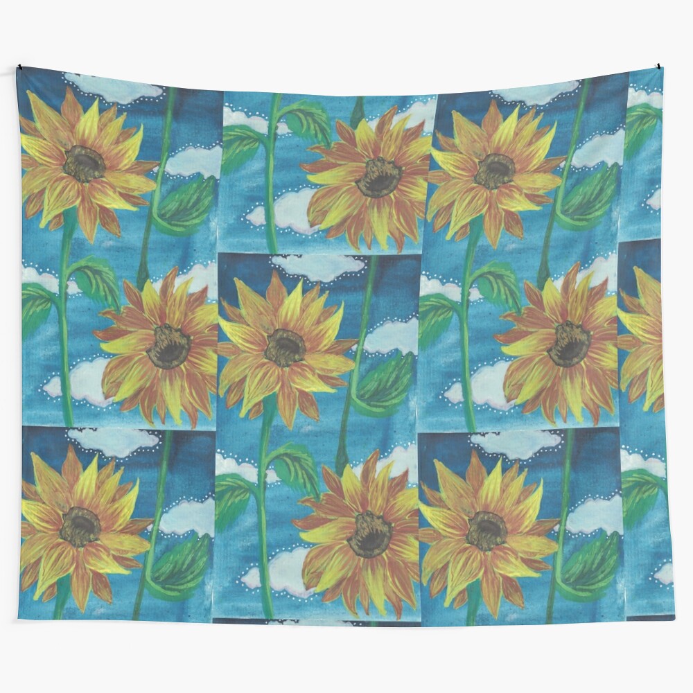 Colorful tapestry featuring a field of tilted sunflowers and white clouds