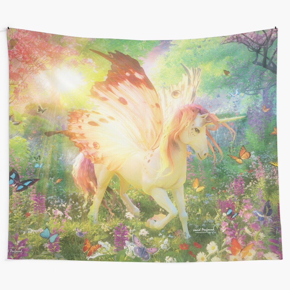 Enchanting unicorn and butterfly tapestry design by artist David Penfound