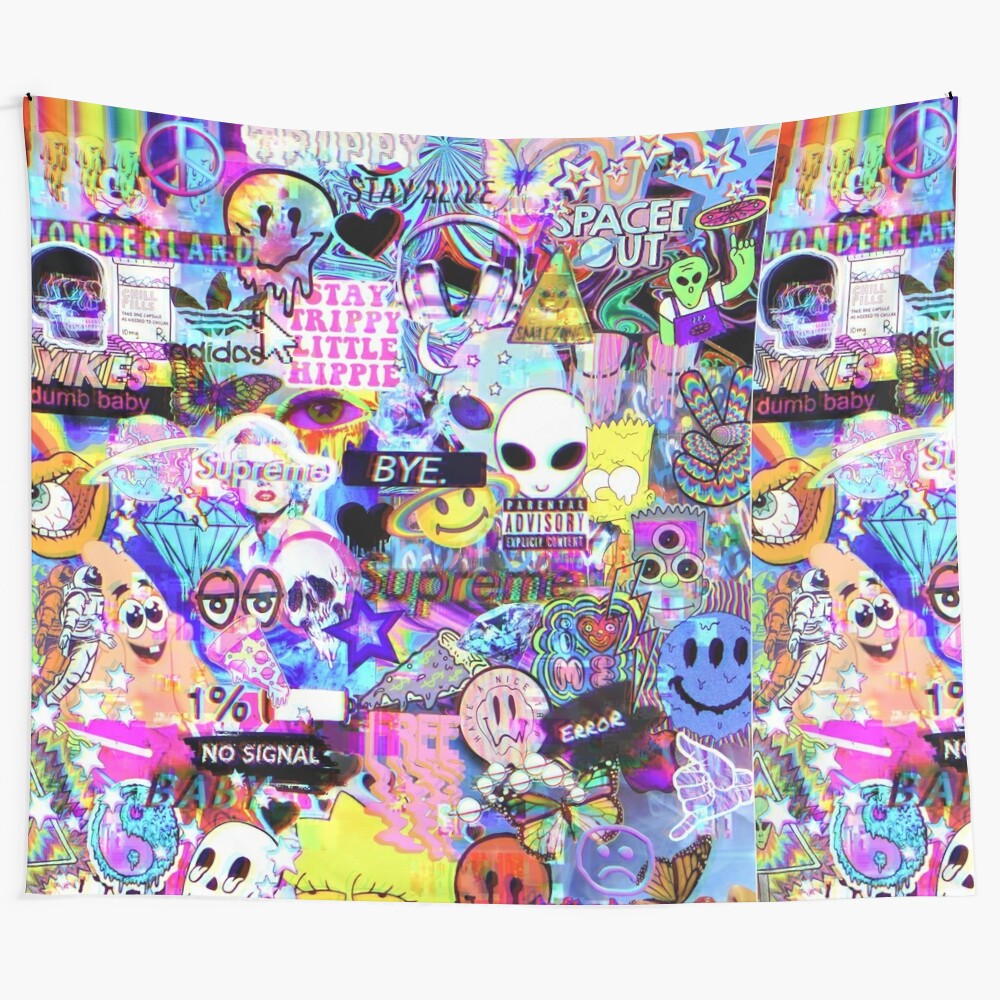 Trippy, psychedelic collage tapestry with vibrant colors and retro vibe