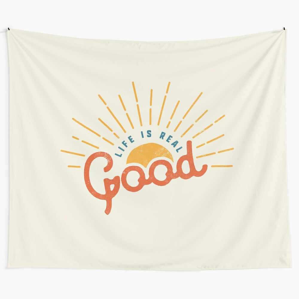 Vibrant tapestry featuring a serene nature scene with the words "Good Life" displayed in a stylized font