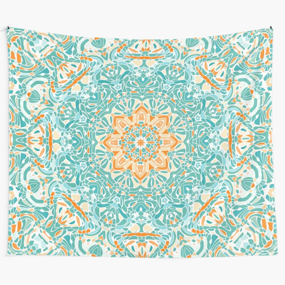 Colorful mandala tapestry with turquoise and orange floral design