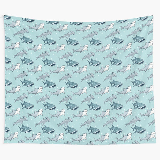 Shark pattern tapestry with a vibrant blue ocean design