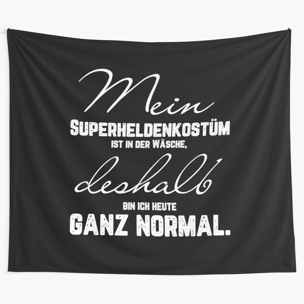 Superhero inspired tapestry design with a unique, casual, and humorous style