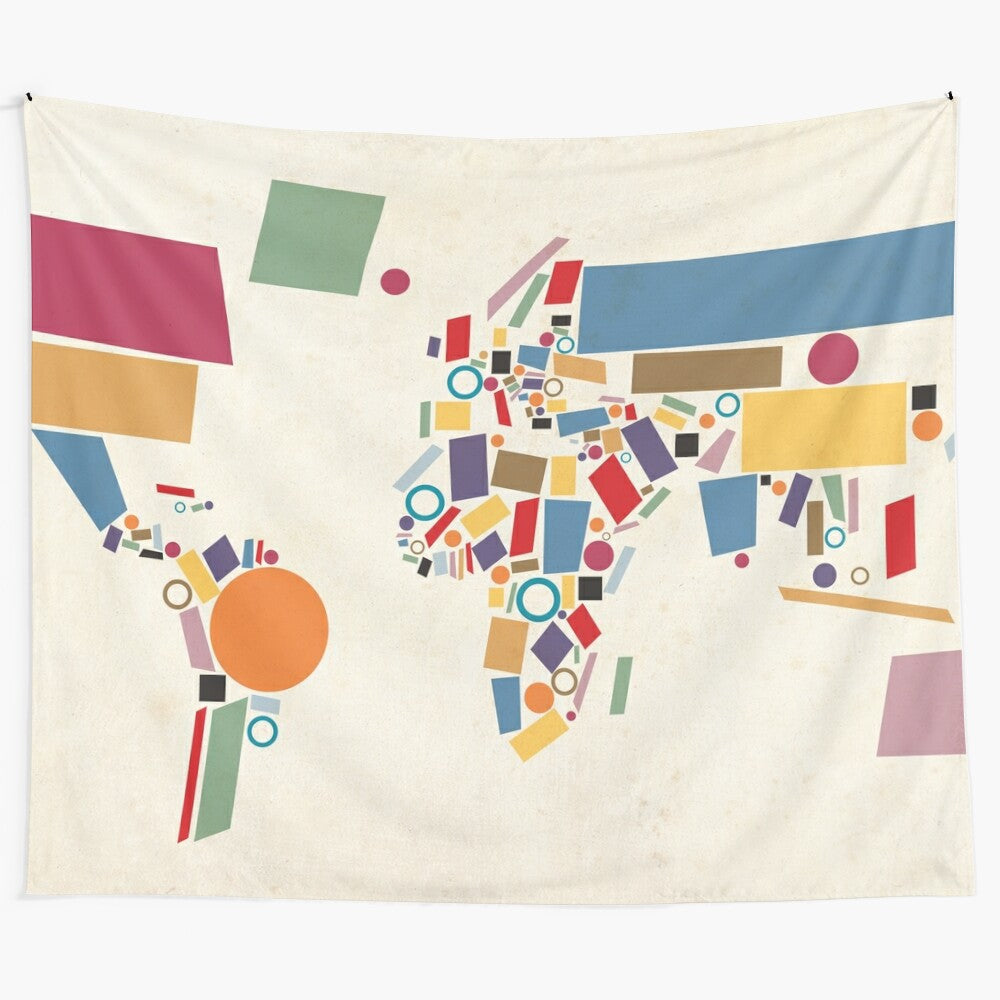 Abstract world map tapestry with geometric square and circle design