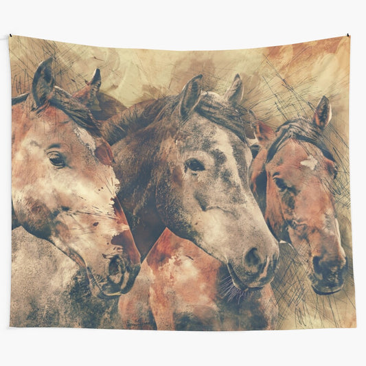 Artistic watercolor painting of horses on a decorative tapestry