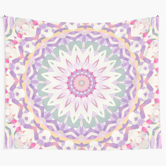 Colorful mandala tapestry with pastel purple, pink, green, and white design