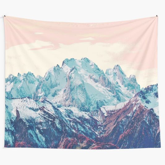 Enchanting celestial tapestry featuring an abstract, dreamlike landscape with mountains, stars, and a serene atmosphere