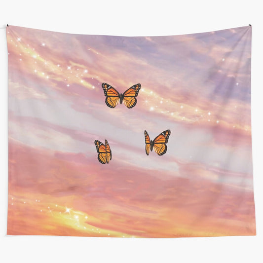 Butterfly sunset aesthetic tapestry with glittering butterflies and a vibrant orange sky