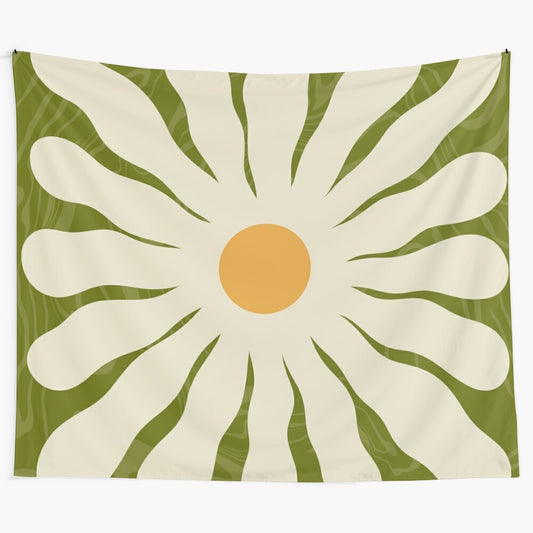 Retro white daisy flower tapestry with abstract 70s style pattern