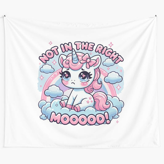 Sad unicorn in a pastel rainbow setting tapestry