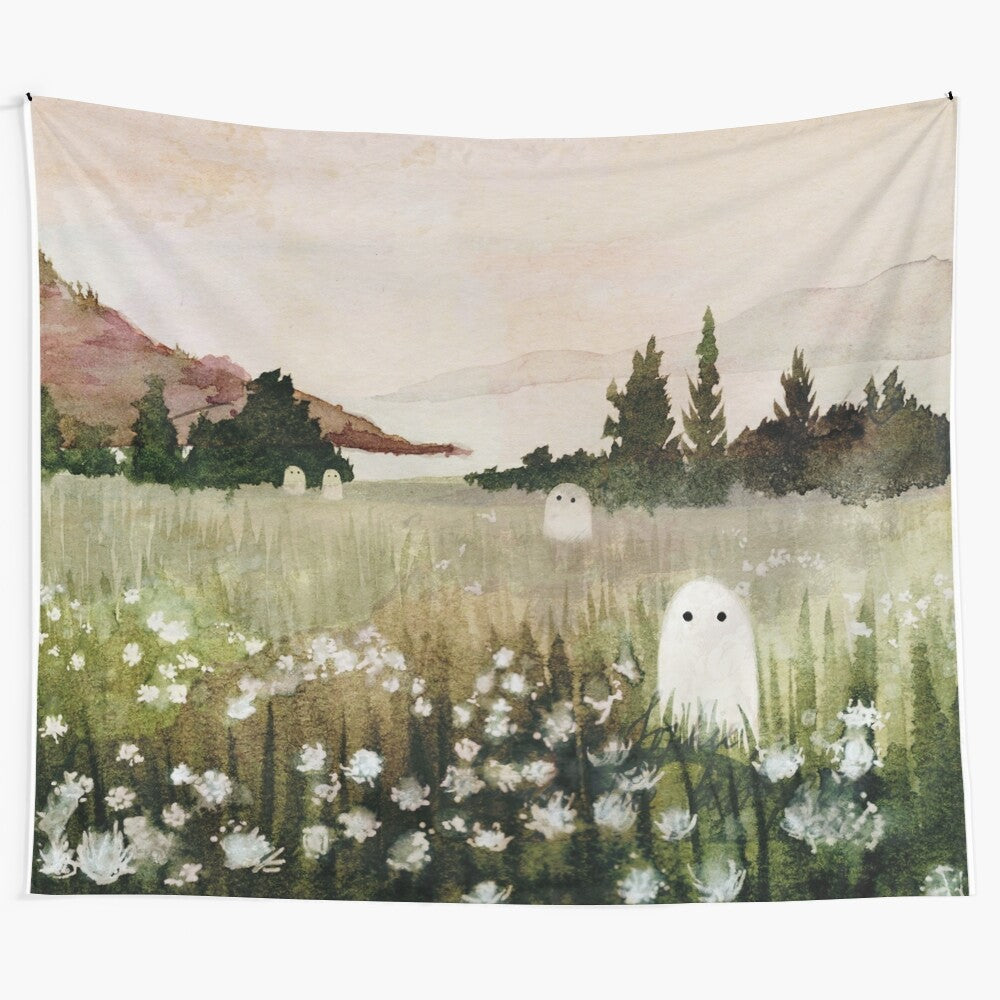 Calm evening tapestry featuring a serene landscape with a haunting, ghostly atmosphere in watercolor