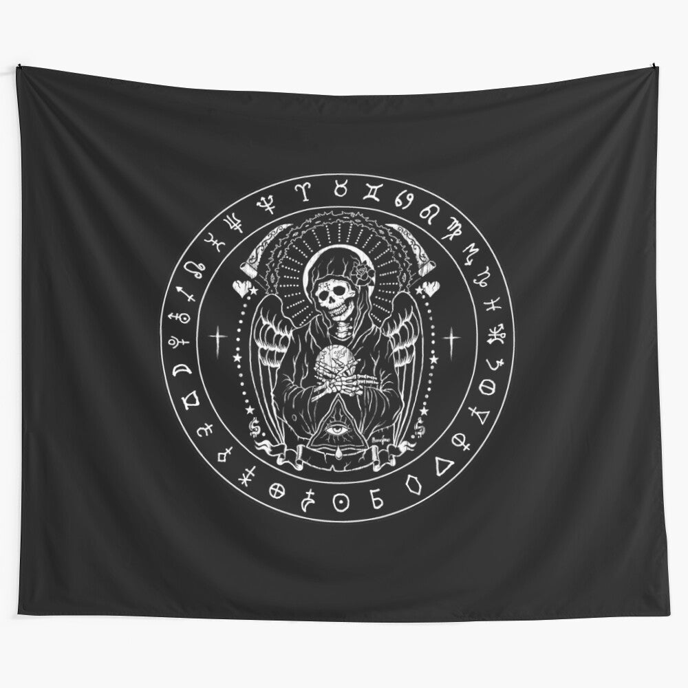 Edgy holy death santa muerte tapestry with skull, punk, and gothic design elements