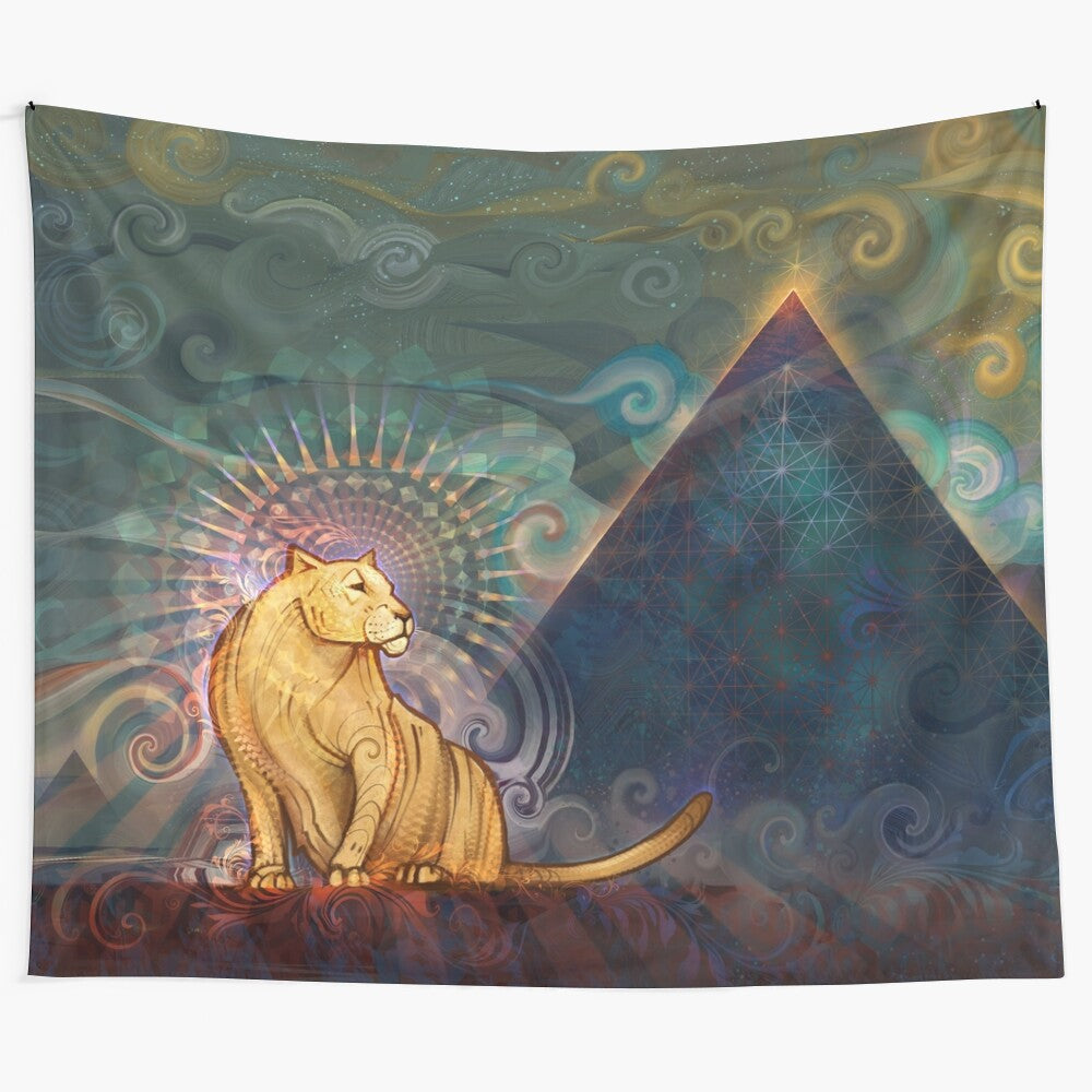 Visionary tapestry featuring a lion and lioness in a psychedelic, geometric art design