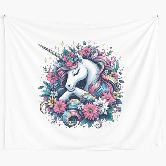 Whimsical tapestry featuring a cute, magical unicorn in an anime-inspired style